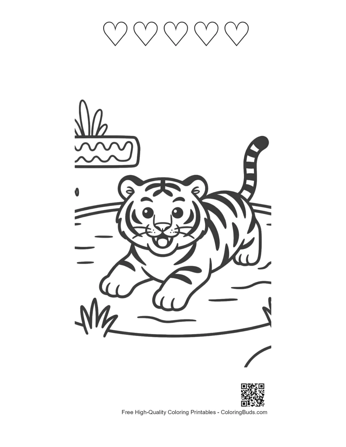 Tiger cub tropical printable with 5 heart outlines
