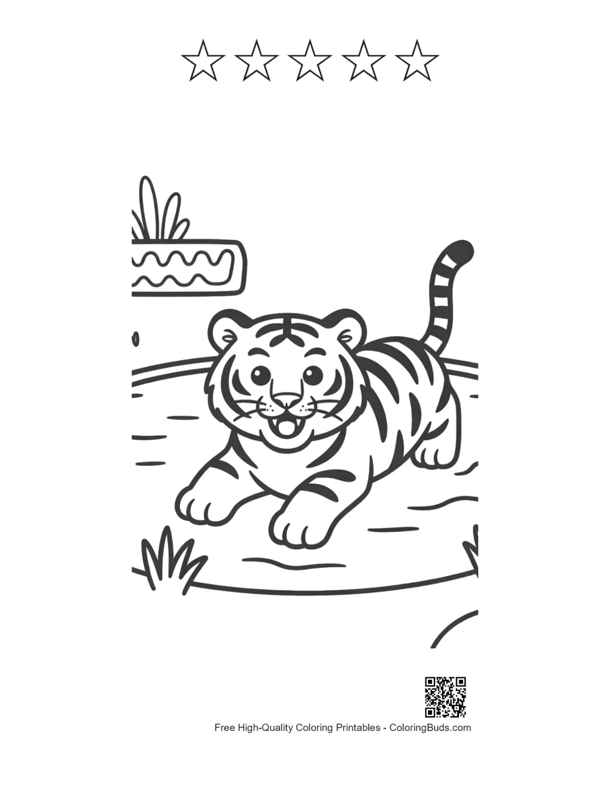 Tiger cub printable with 5 star outline at watering hole