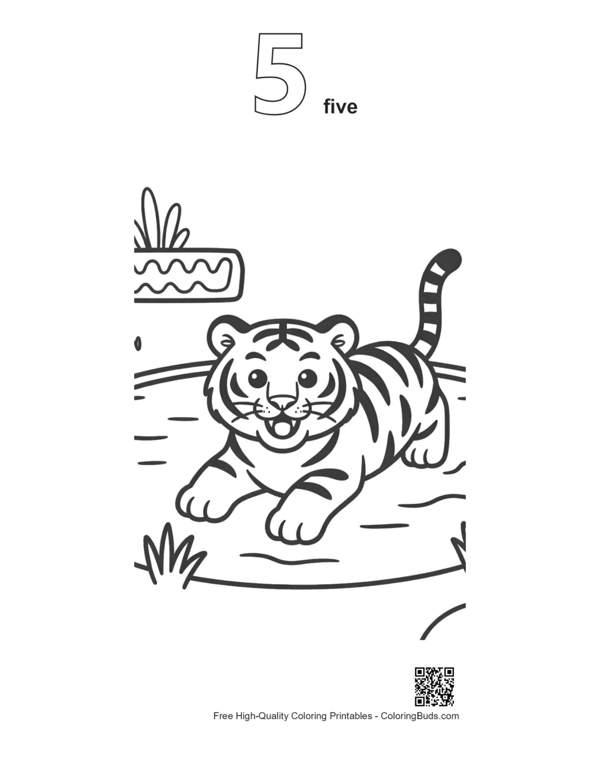 Tiger cub exploring watering hole with 5-outline printable