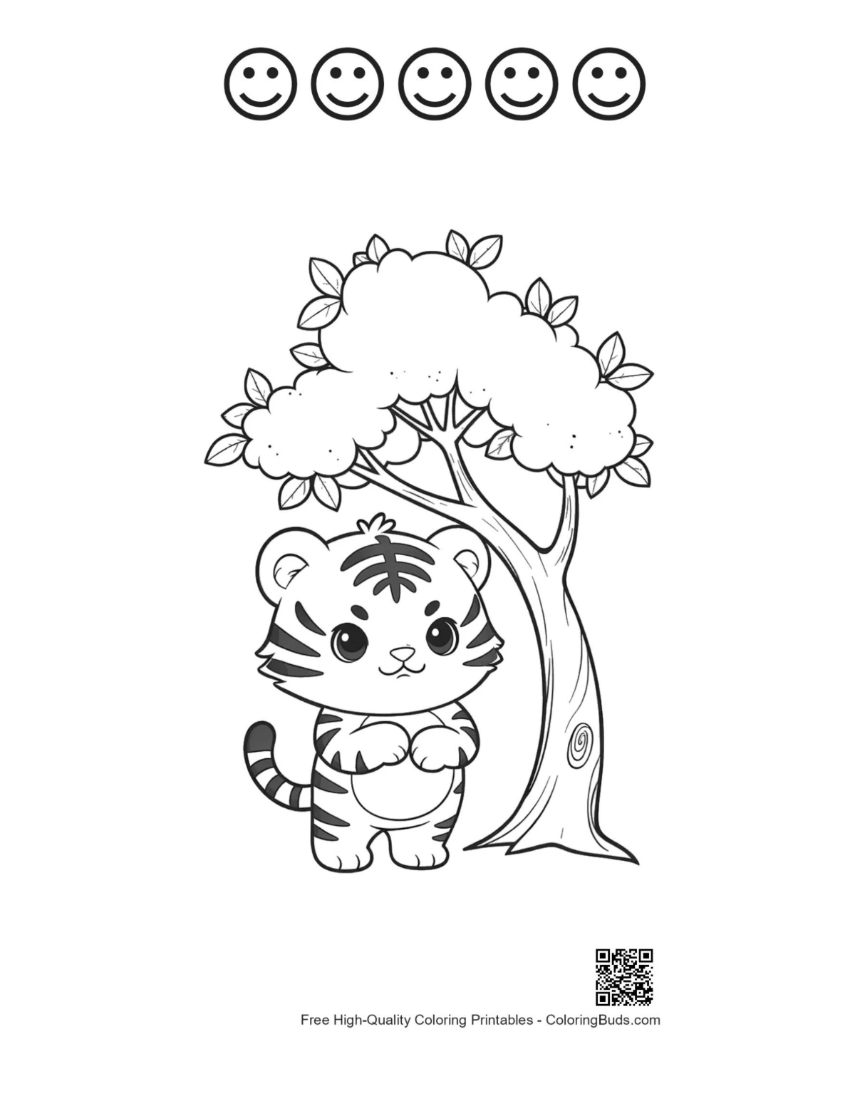 Printable Bengal tiger with 5 happy faces