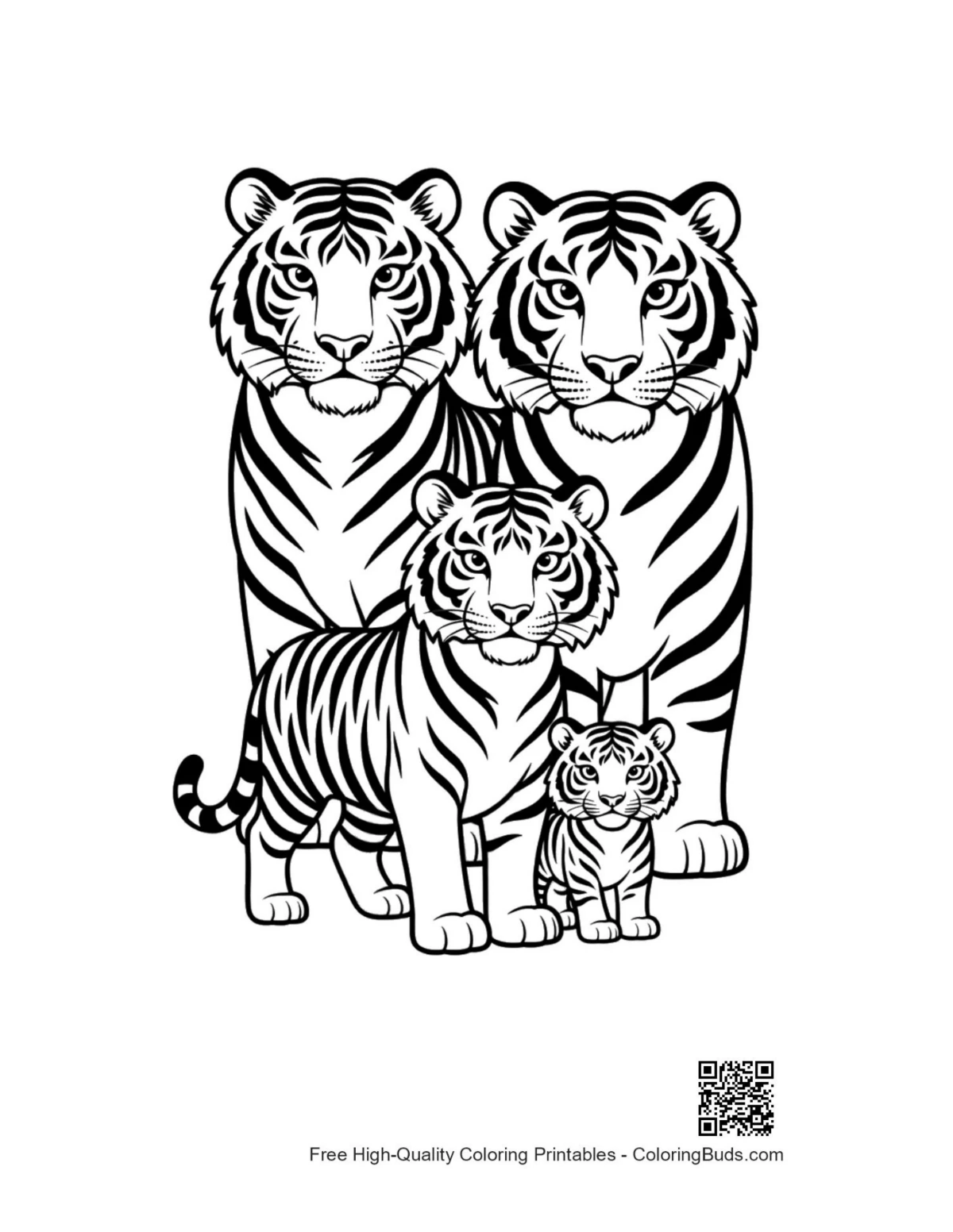 Adorable Bengal tiger family portrait coloring page printable