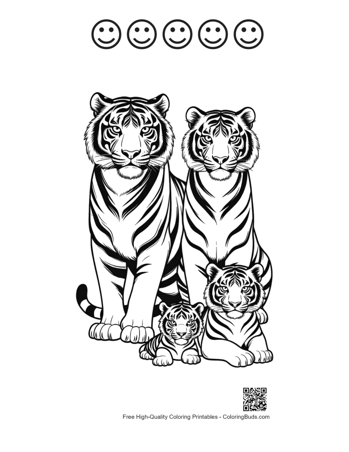 Bengal tiger portrait 5 happy faces outline printable
