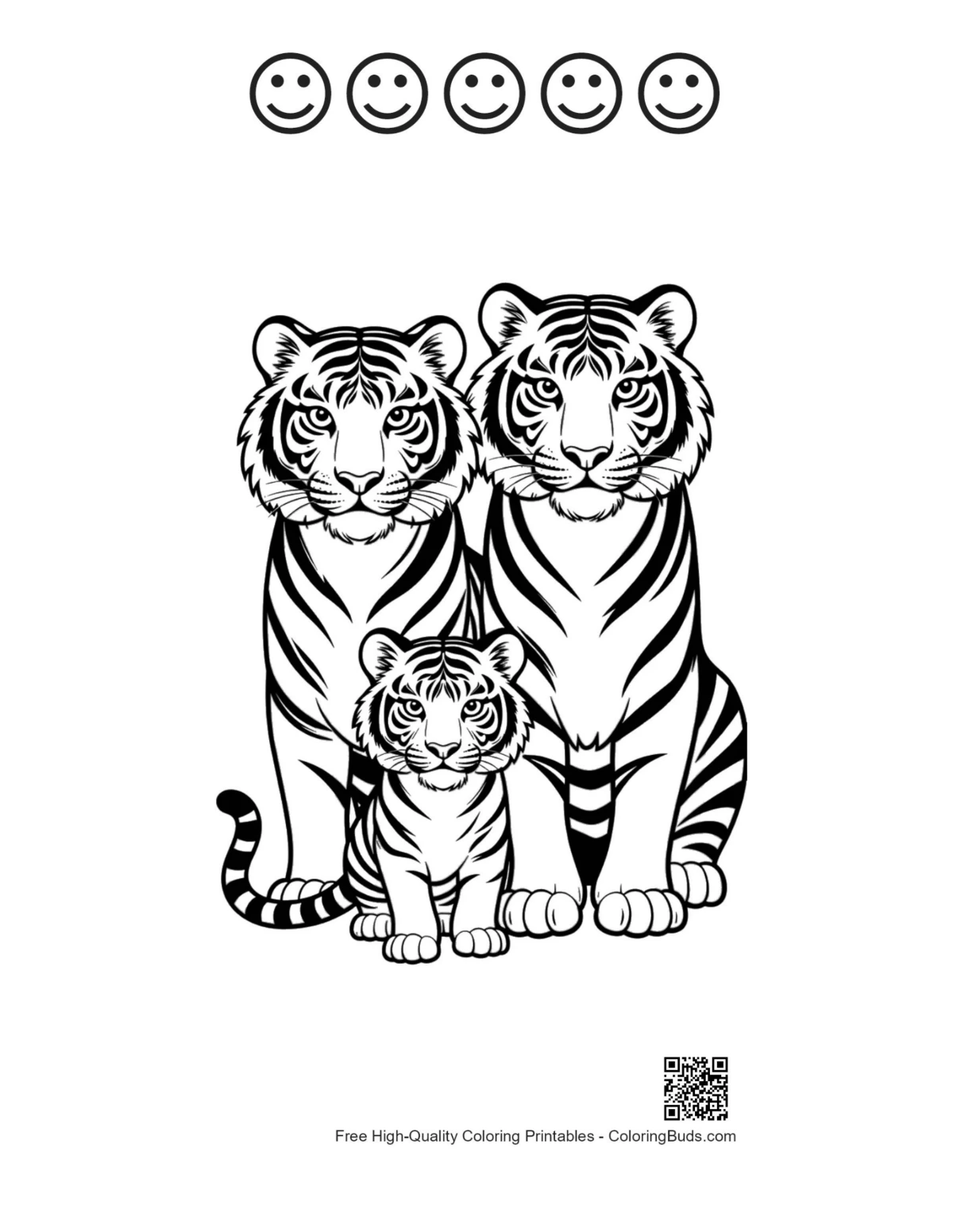 Bengalische Tigerfamilie, 5 fröhliche Gesichter (Umriss)