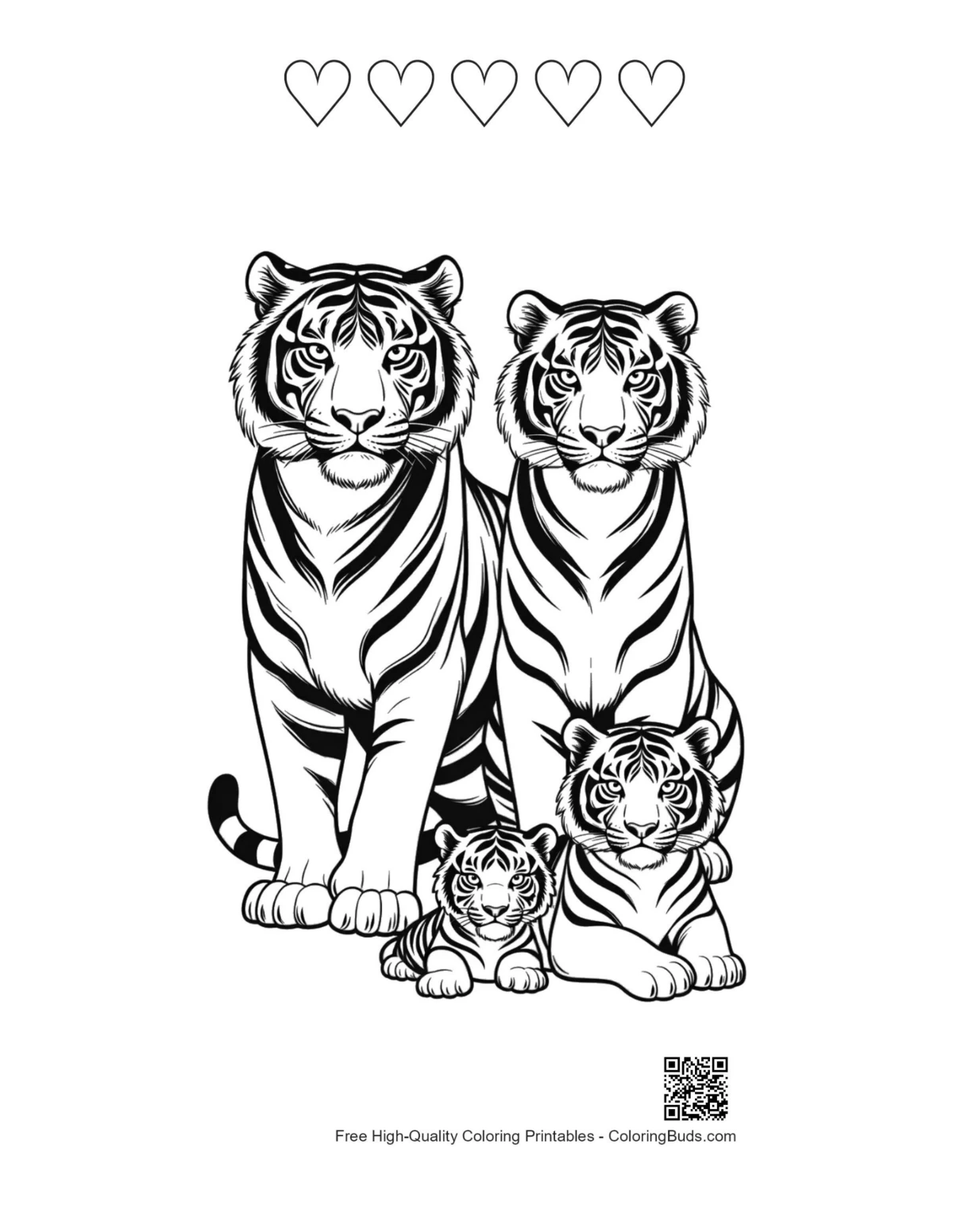 Bengal tiger portrait with 5 heart outlines printable