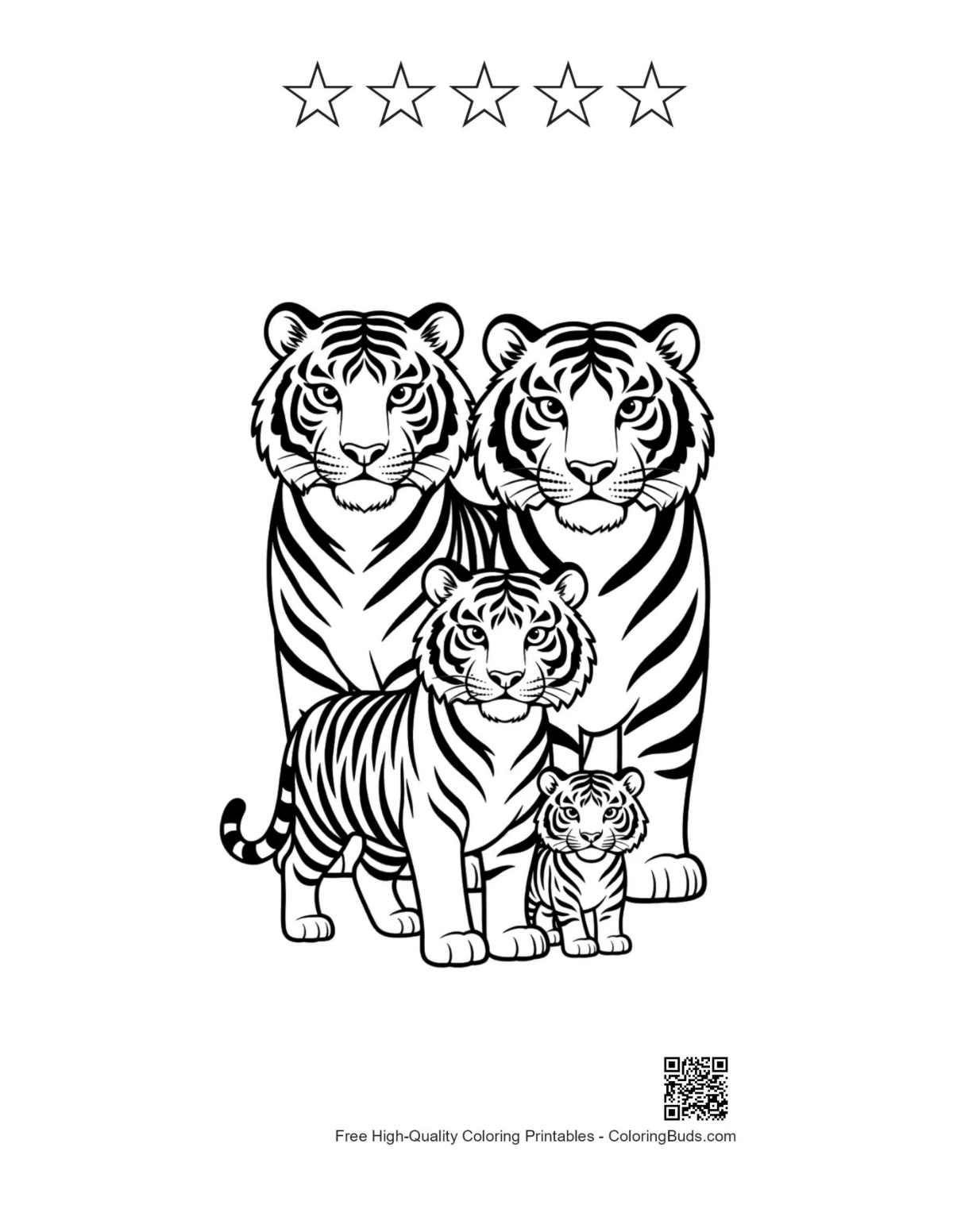 Bengal tiger family portrait with 5 star outline printable