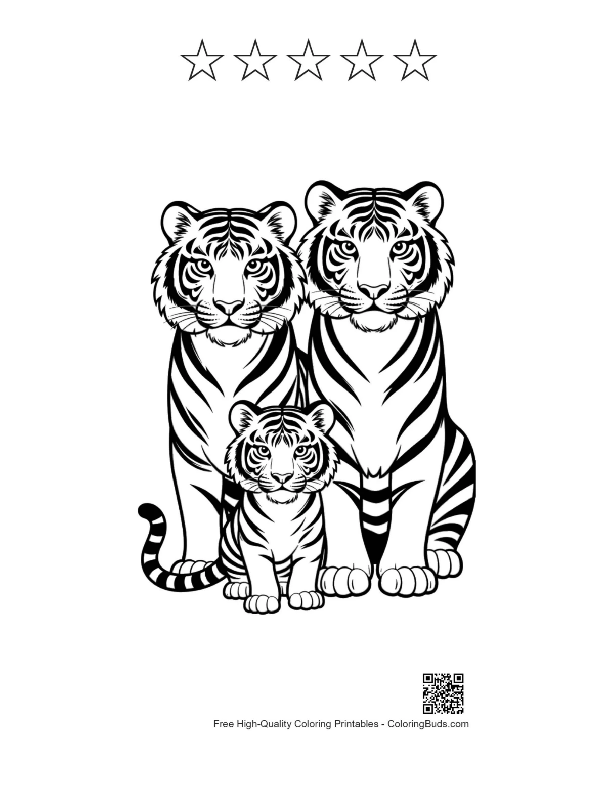 Bengalische Tigerfamilie mit 5-Sterne-Umriss (druckbar)