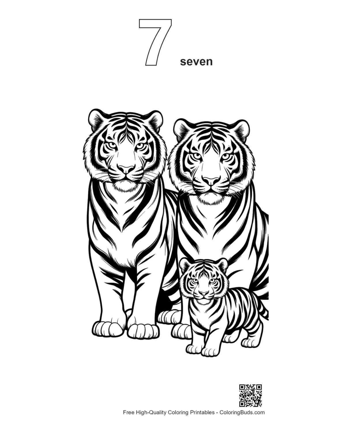 Bengal tiger family outline numbered 7 printable