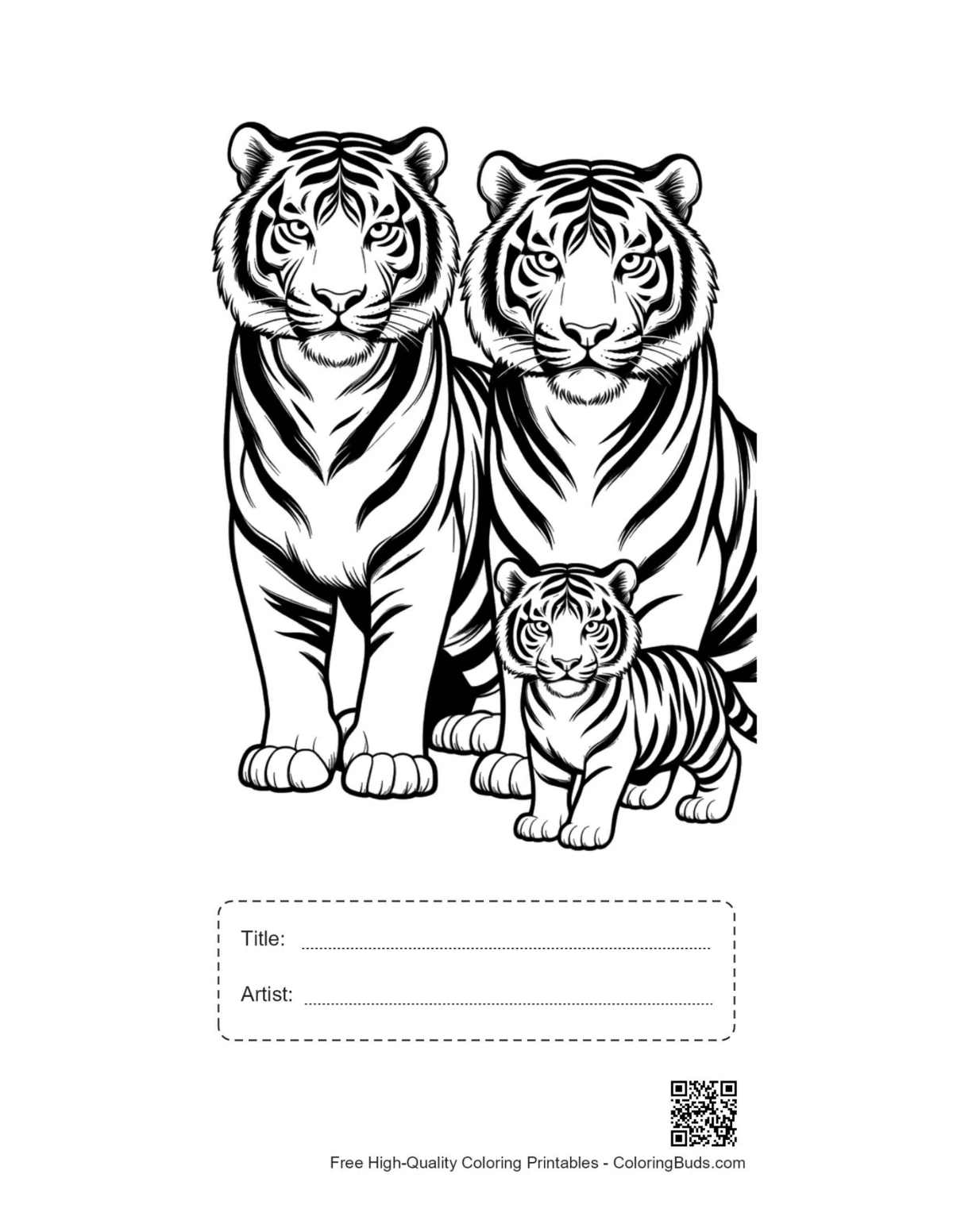 Printable Bengal tiger family with title and artist box