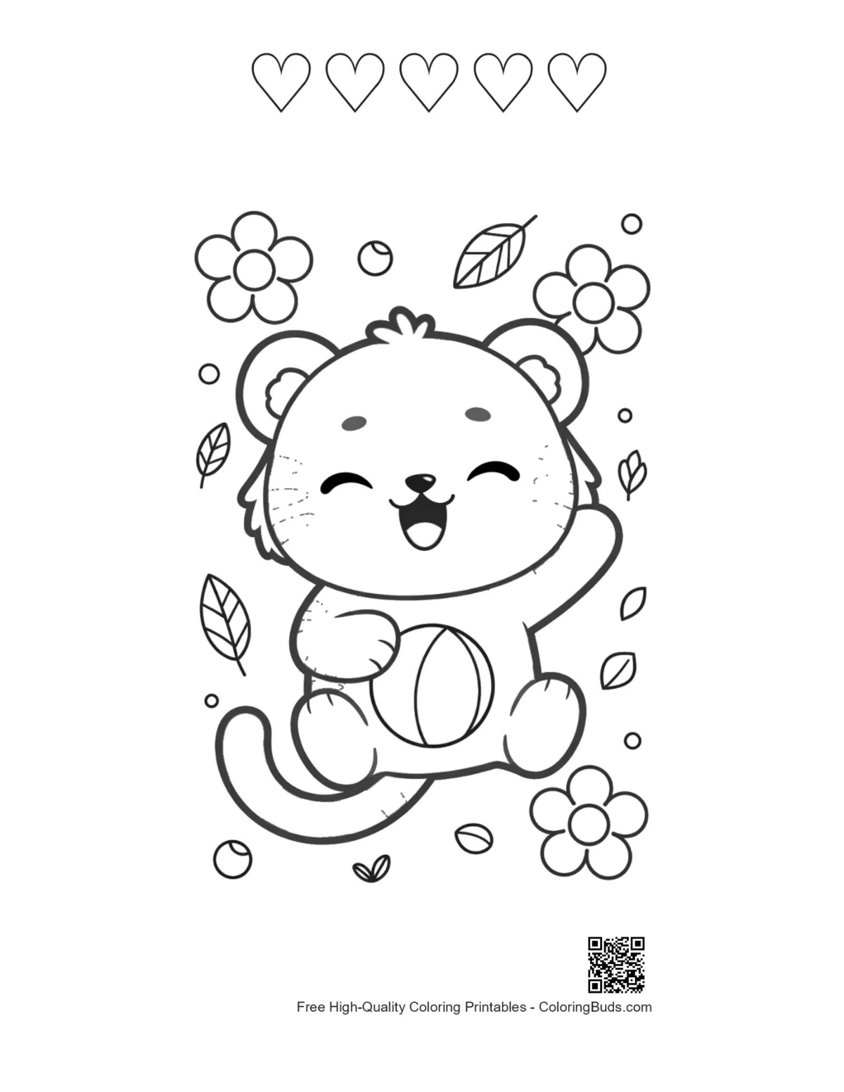 Baby Bengal tiger cub with heart outlines printable