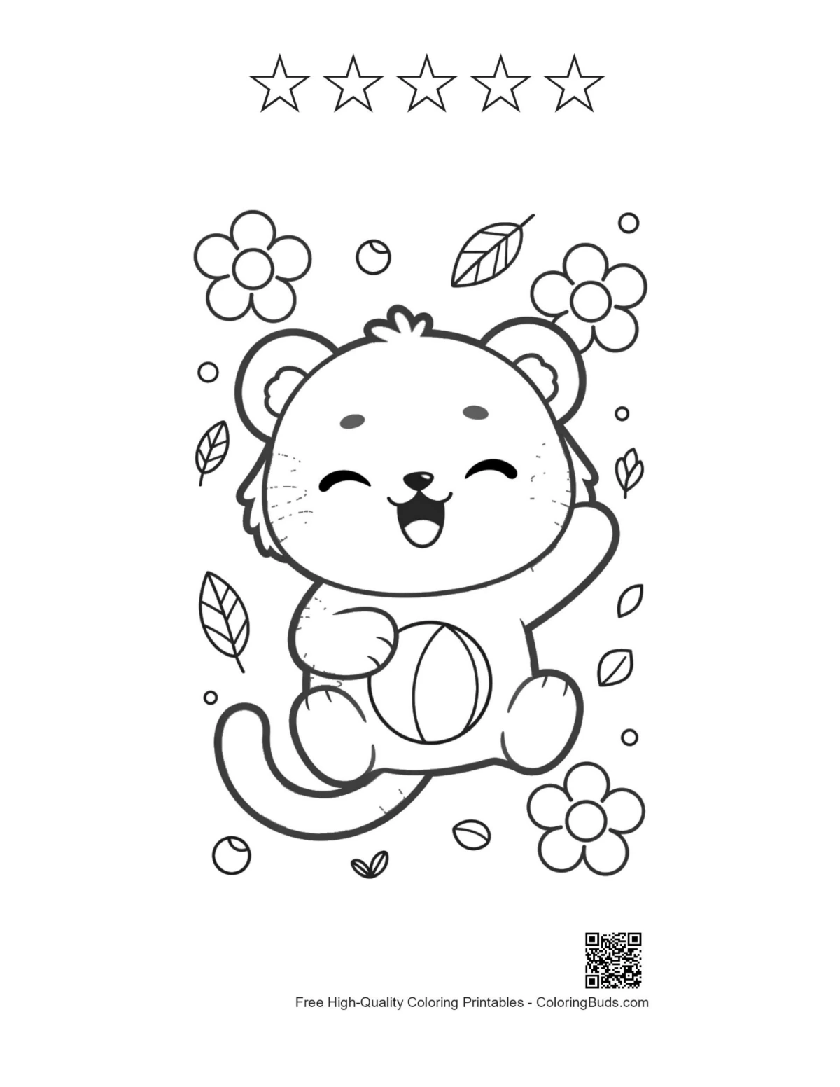 Cheerful tiger cub printable with 5 star outlines