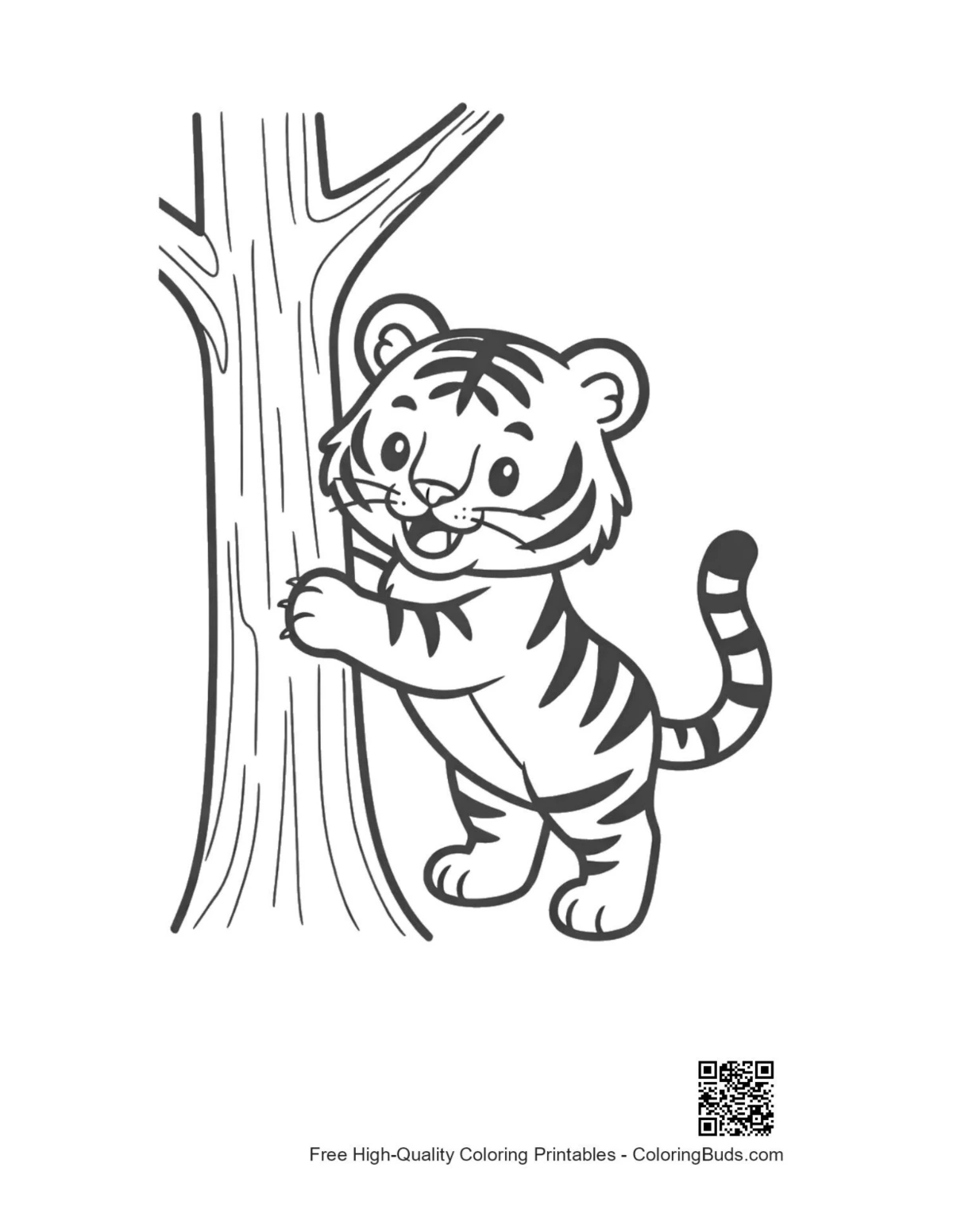 Curious baby Bengal tiger climbing thick tree trunk printable