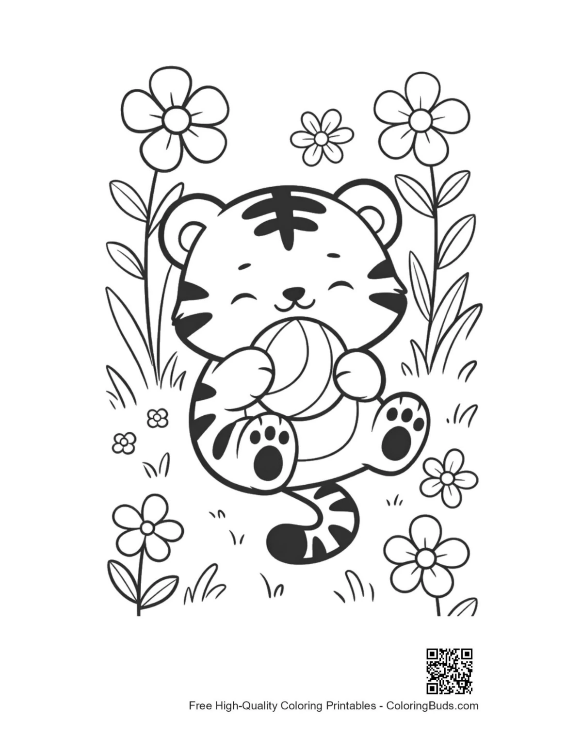 Cute baby Bengal tiger holding ball in garden coloring page