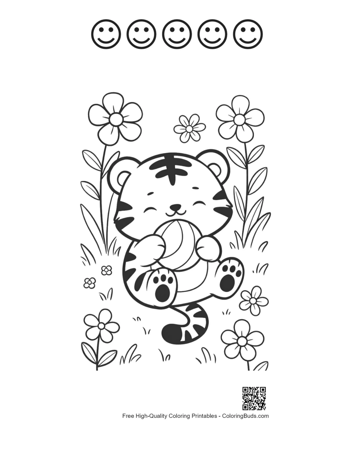 Baby tiger with ball and 5 happy faces garden coloring printable