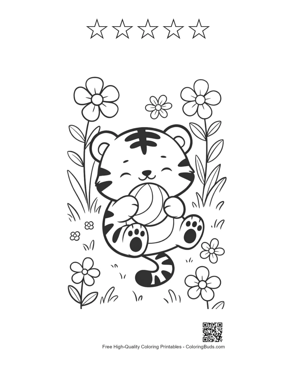 Cute tiger garden printable with 5 star outlines for coloring