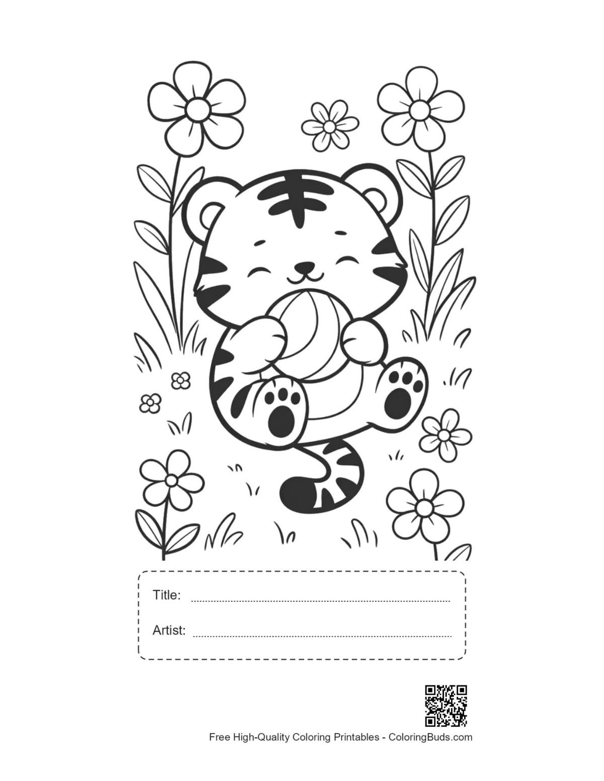 Cute baby Bengal tiger in garden printable with title box