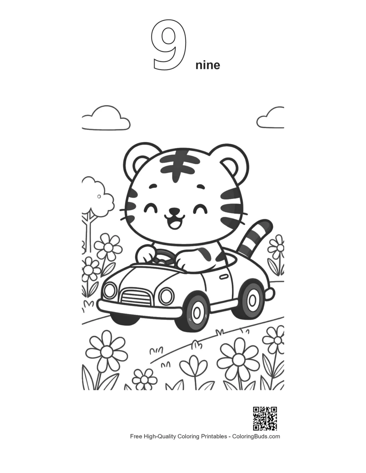 Tiger cub toy car flowers outline with number 9