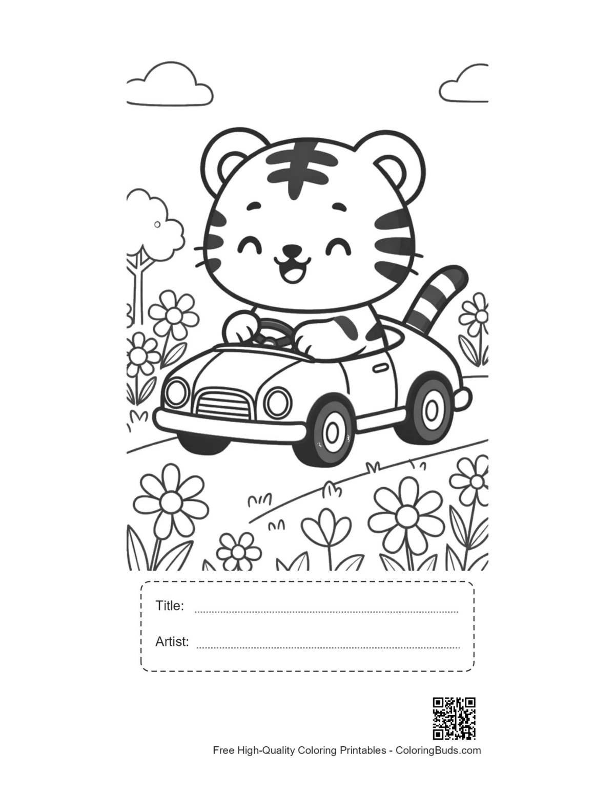 Cute tiger cub toy car coloring page with title box