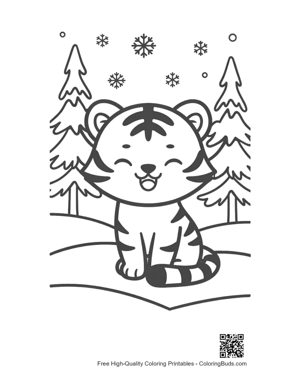 Cute Bengal tiger cub in snowy forest printable