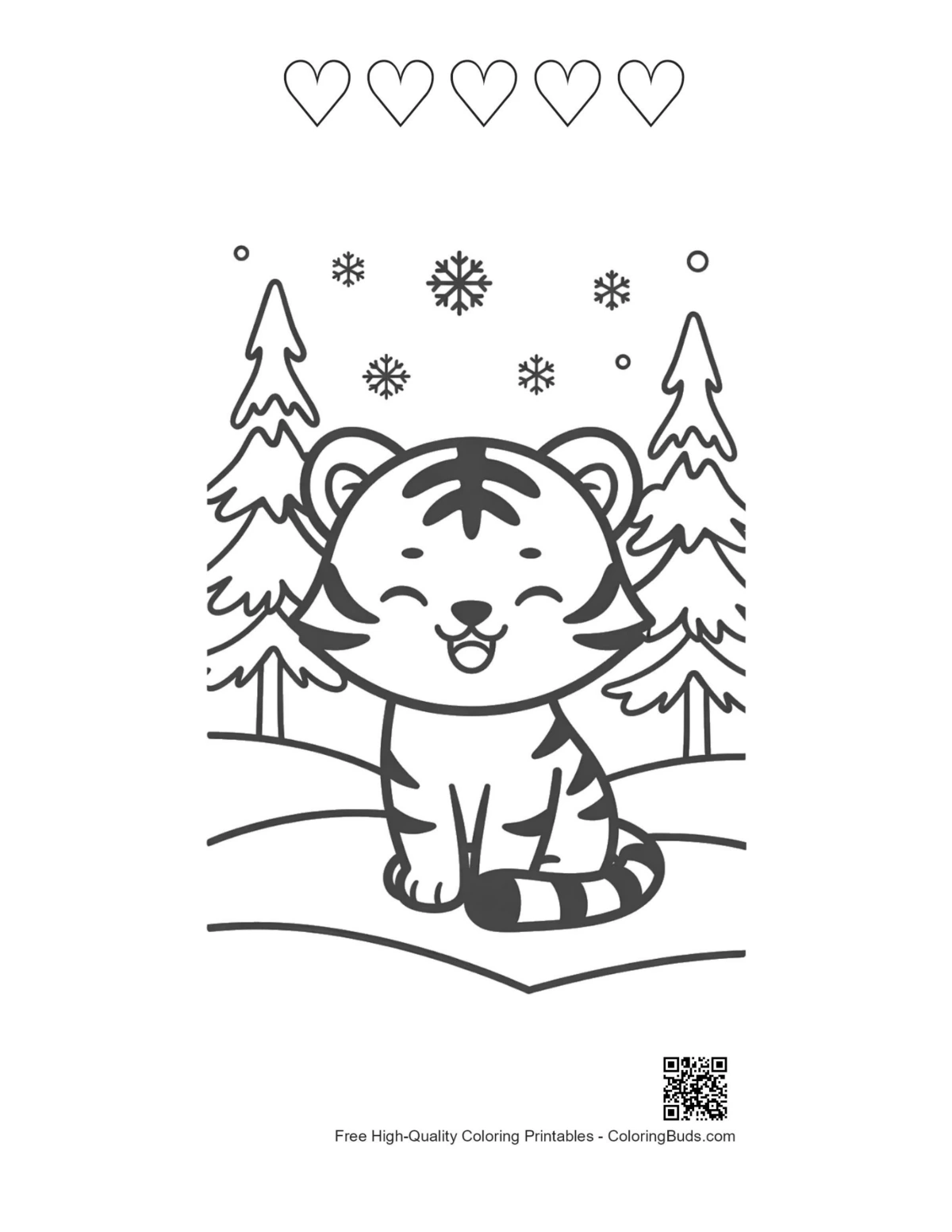 Snowy tiger cub printable with heart outlines