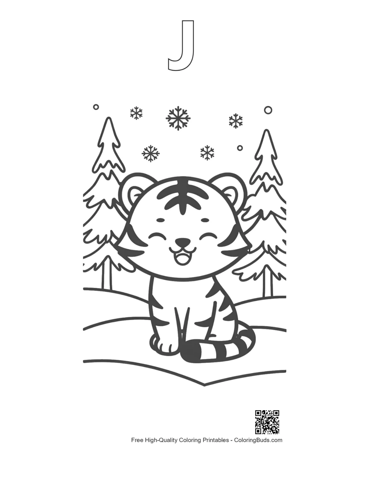 Tiger cub snowy forest printable with alphabet J outline