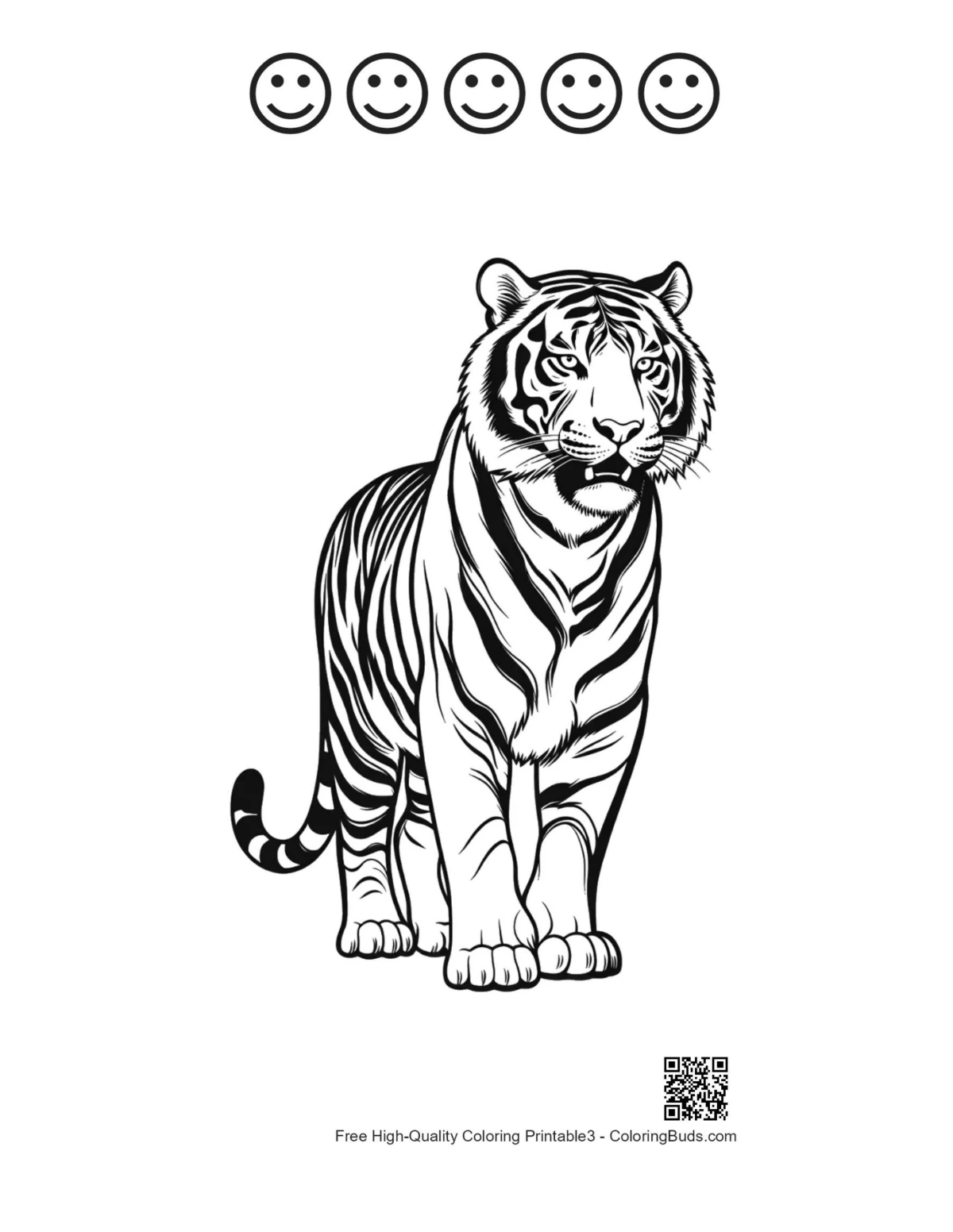 Bengal tiger outline with 5 happy faces printable