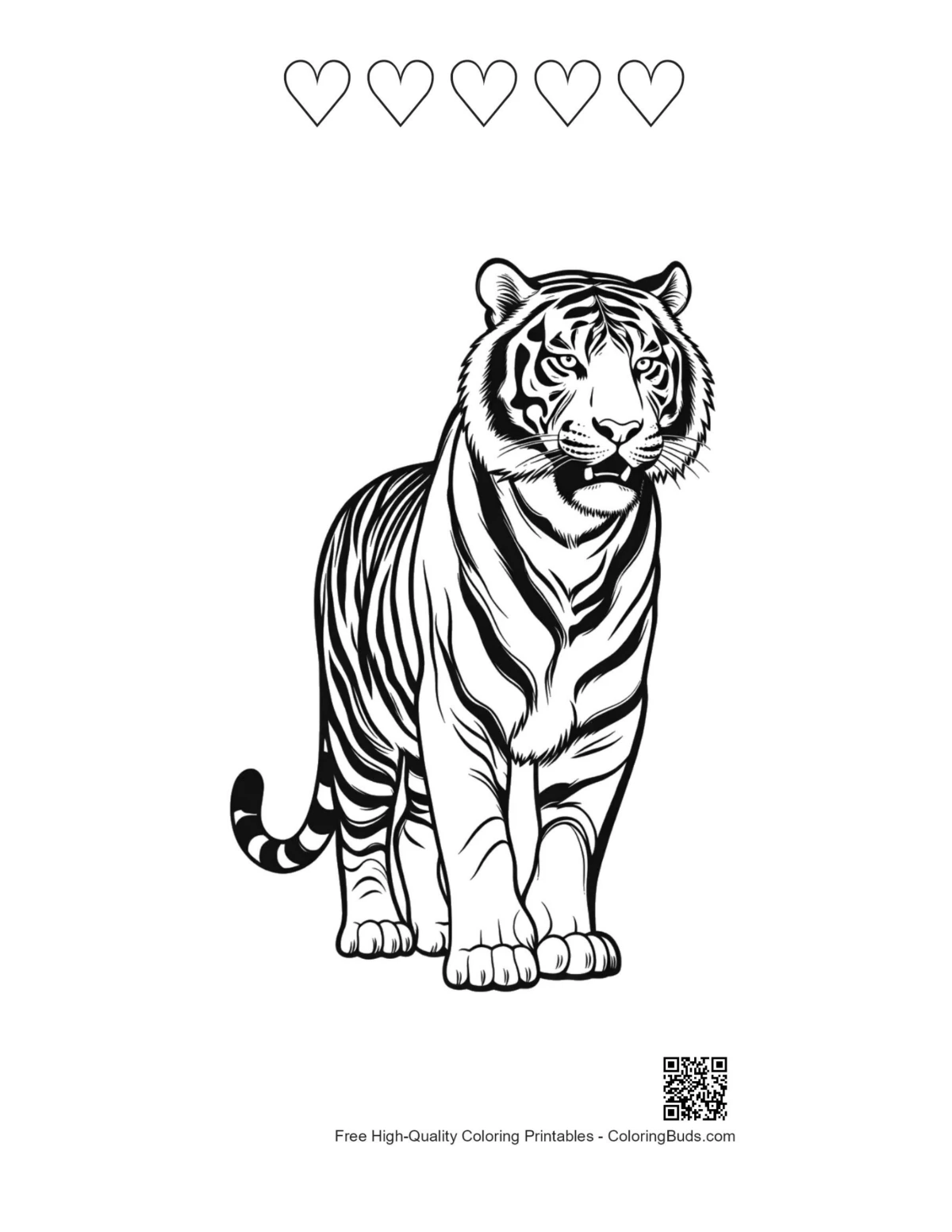 Roaring tiger printable with heart outlines