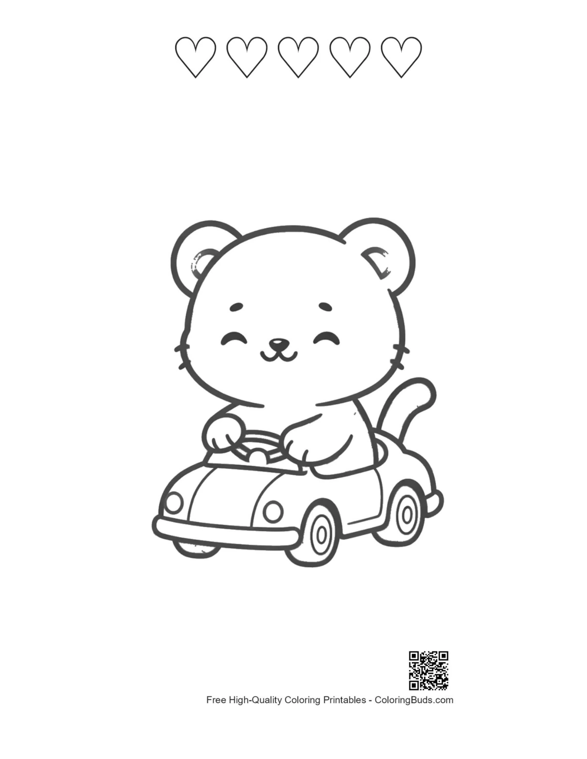 Baby tiger cub car race with heart outlines printable