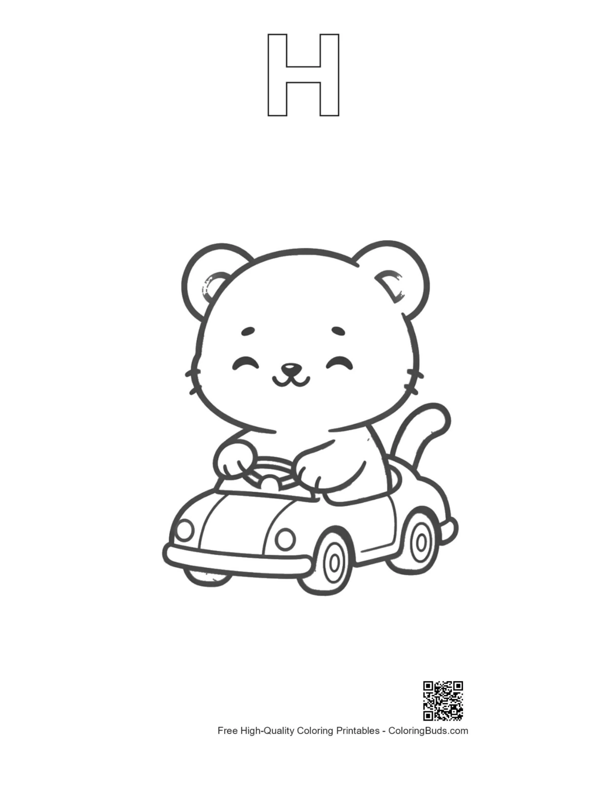 Baby tiger cub racing car with alphabet H outline printable