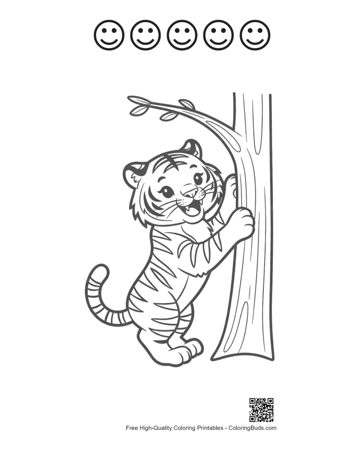 Baby tiger climbing printable 5 happy faces outline