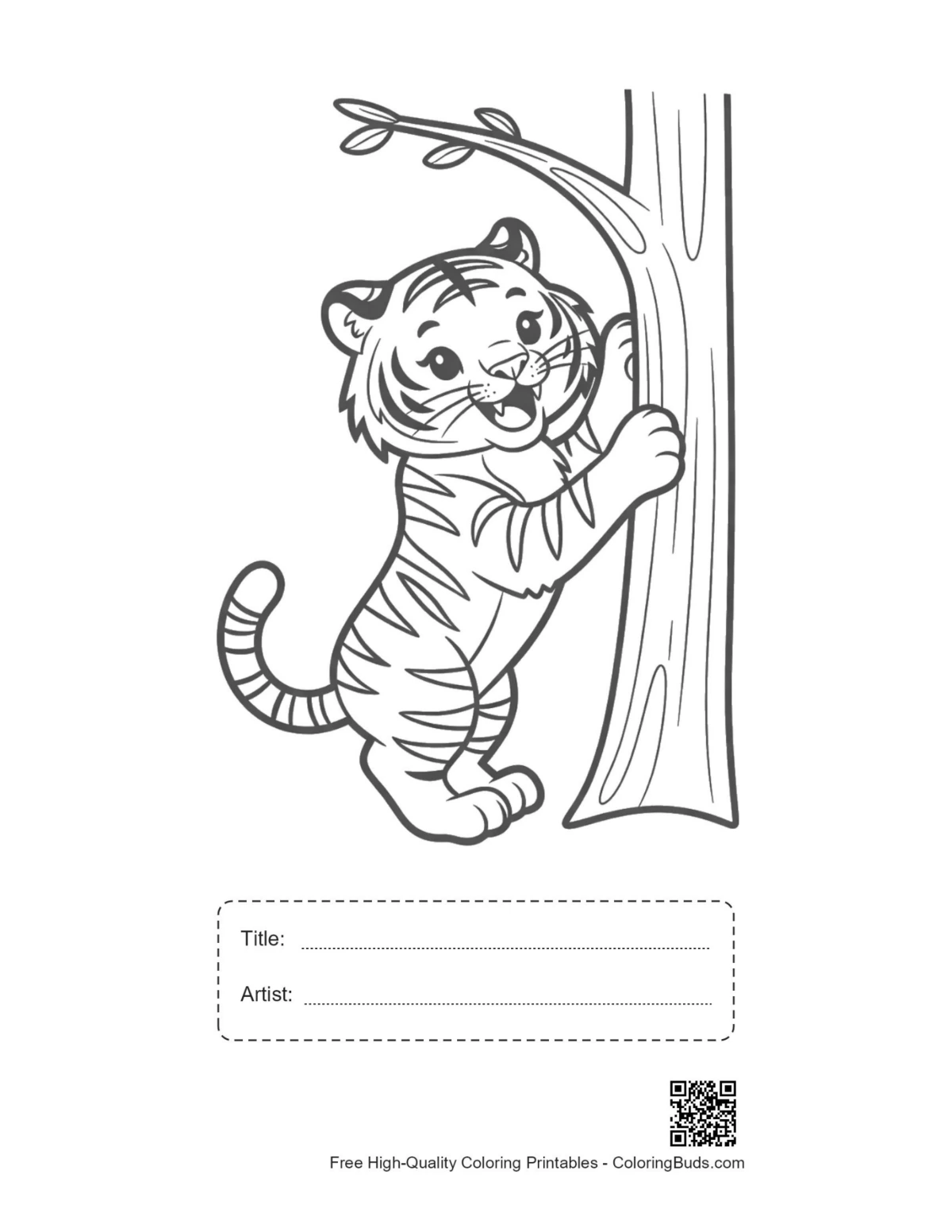 Baby tiger climbing printable with title artist box