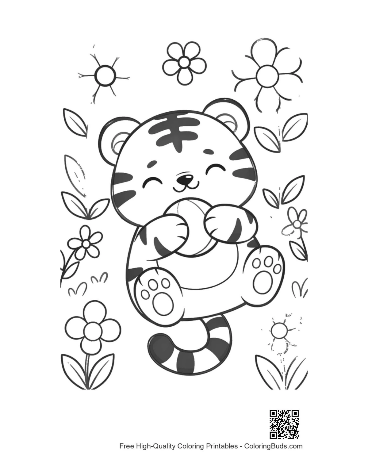 Happy tiger cub playing ball in flowers coloring page