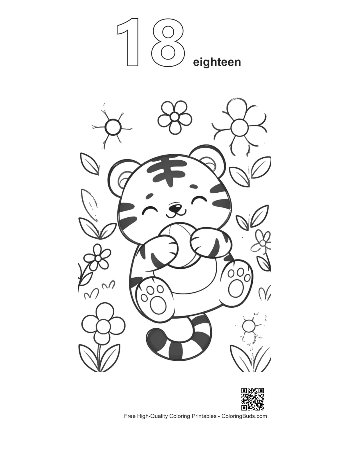 Tiger cub playing ball flowers outline #18 coloring