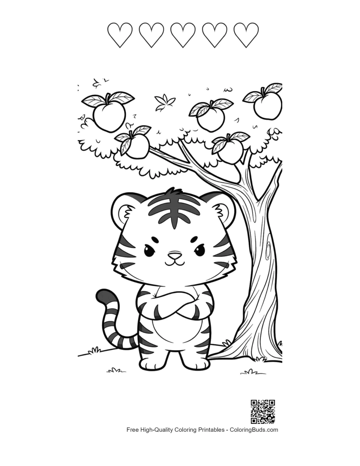 Bengal tiger cub apple tree with 5 heart outlines