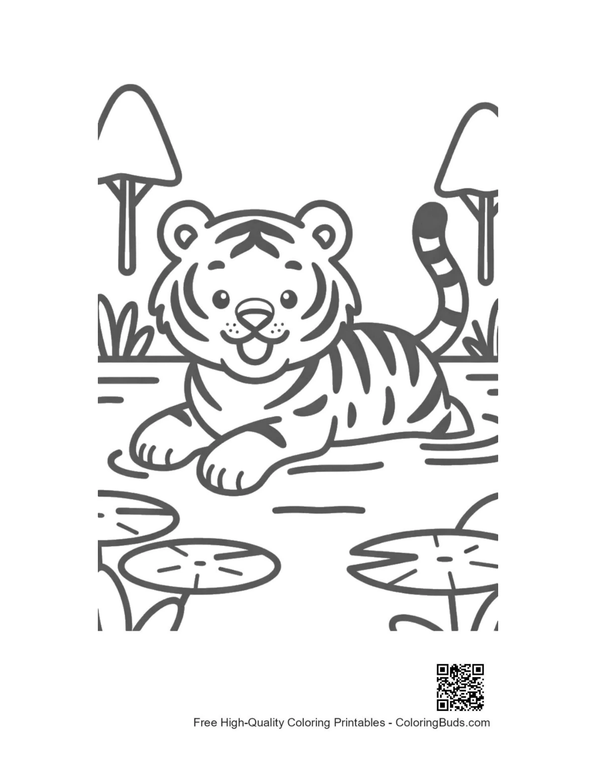 Little Bengal tiger by lily pad pond coloring printable