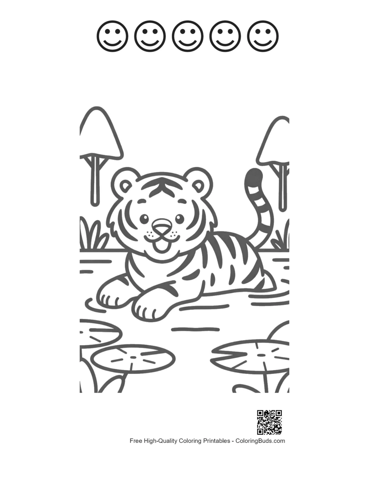 Little Bengal tiger with 5 happy faces outline printable