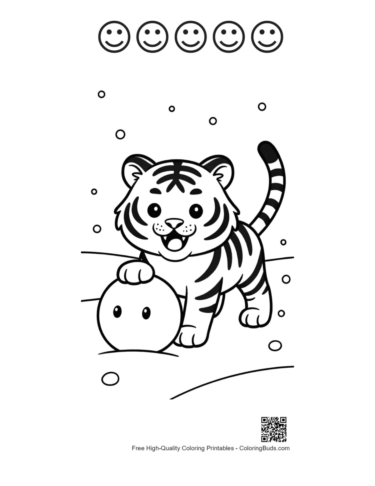 Little tiger snowman with 5 happy faces outlines
