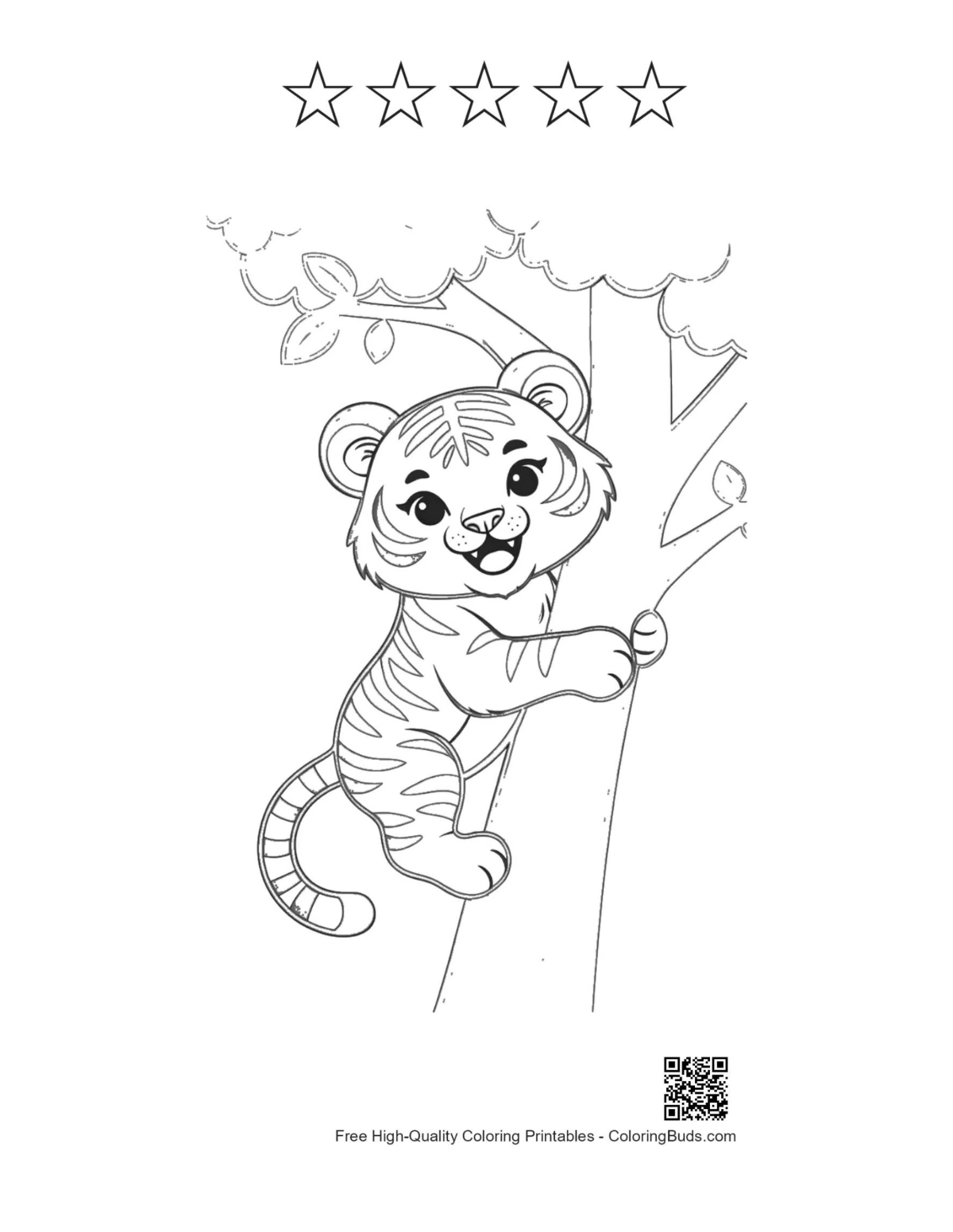 Tiger cub jungle trees printable with 5 star outlines