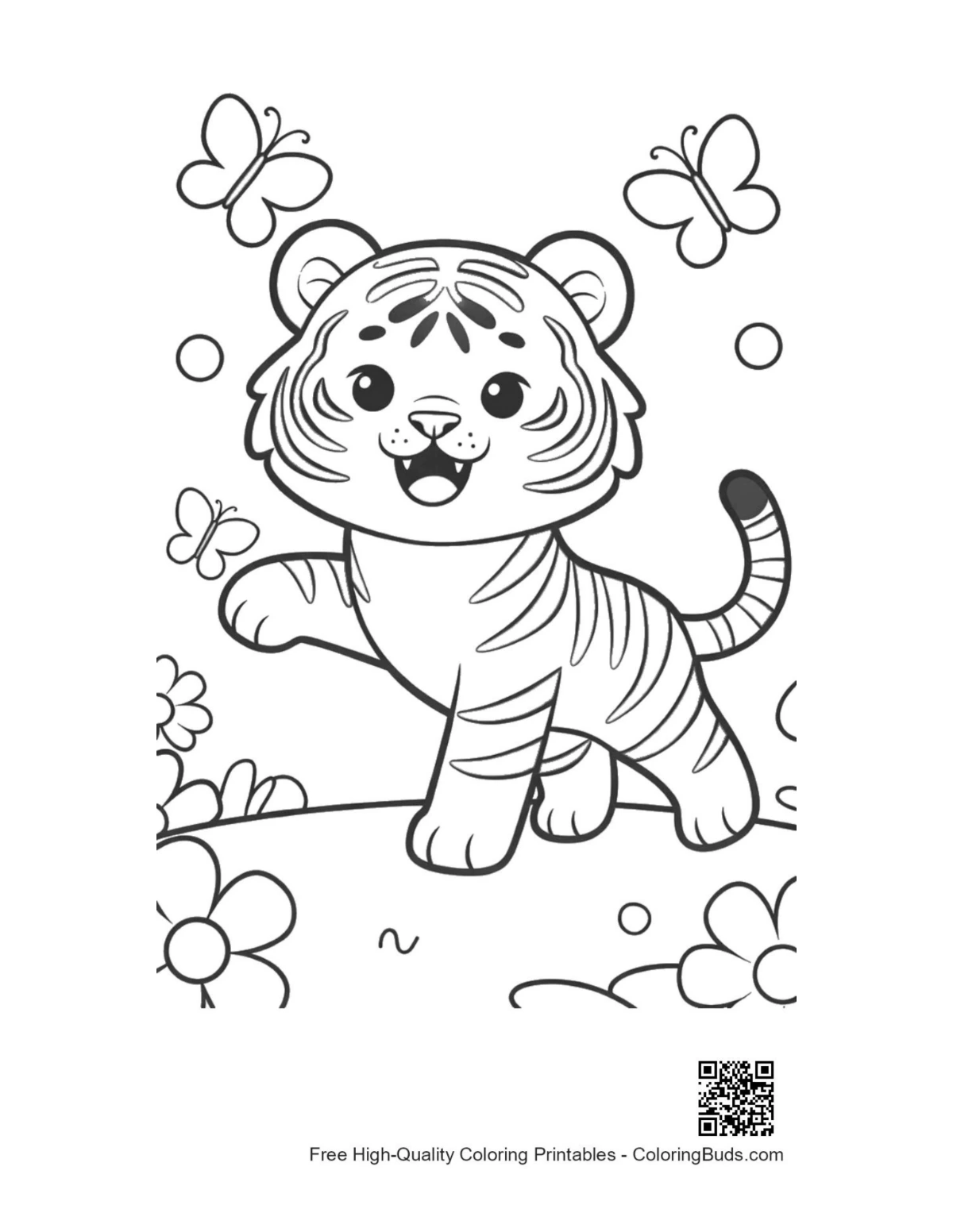 Adorable Siberian tiger cub dancing with butterflies printable