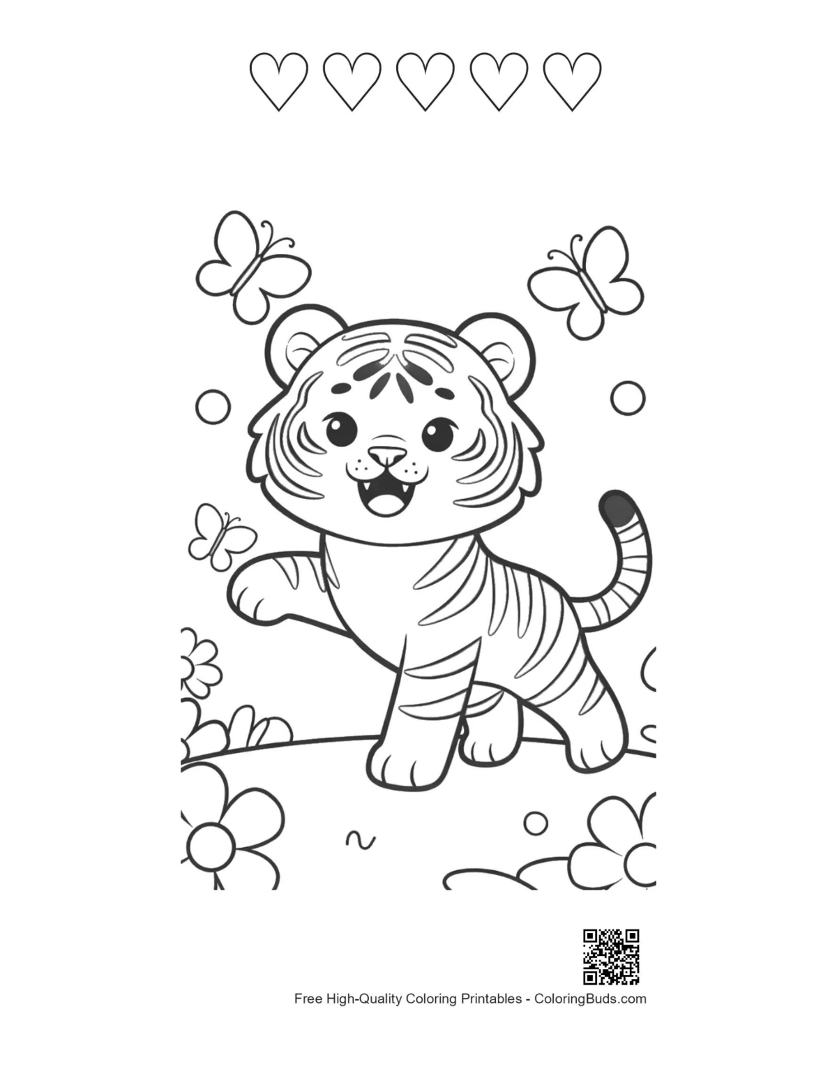 Tiger cub dancing with 5 heart outline printable