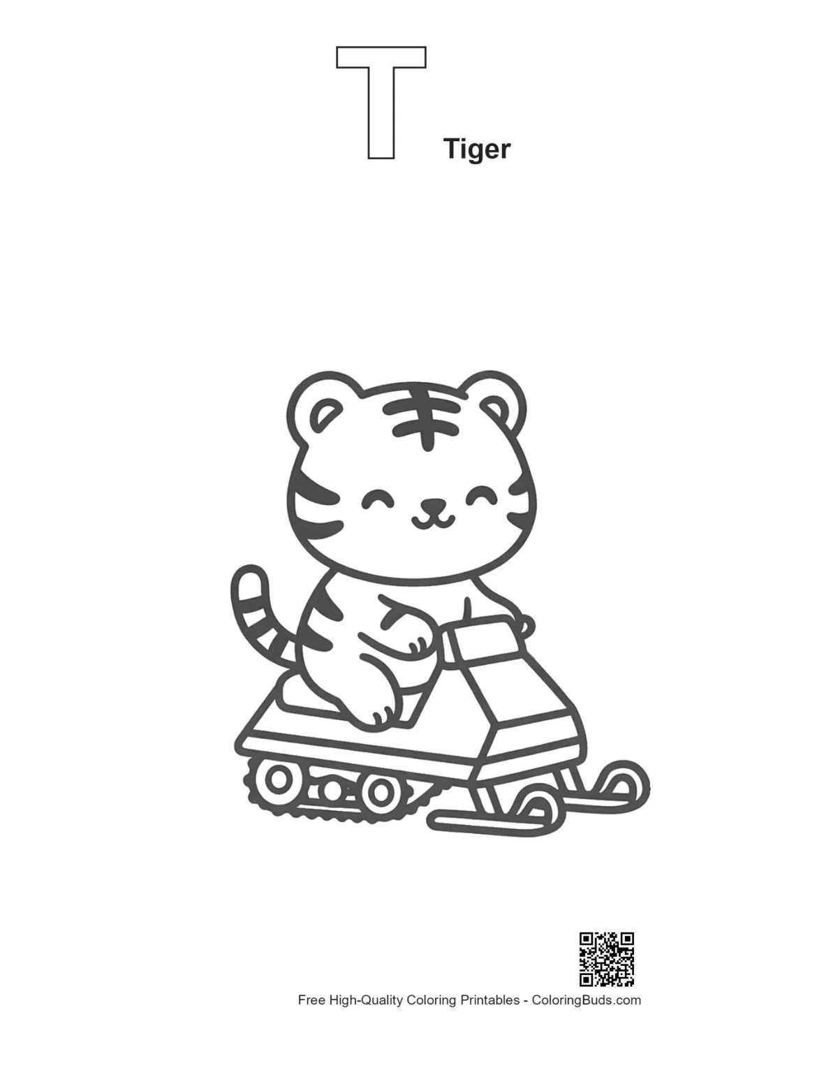 Tiger cub snow sled with alphabet T outline printable