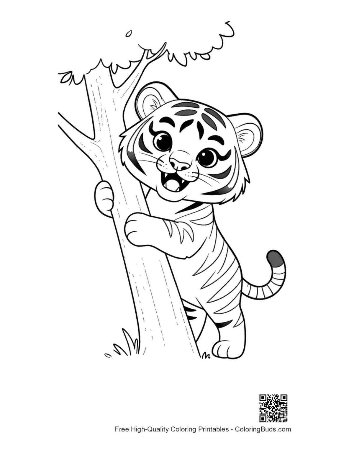 Baby Siberian tiger cub hugging tree trunk printable