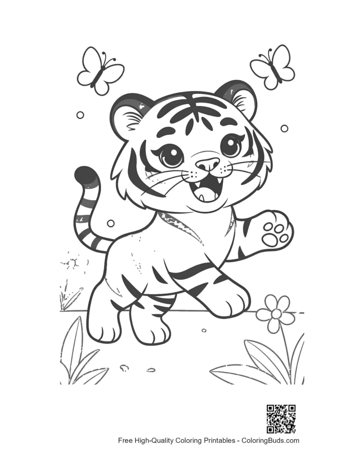 Cheerful baby Siberian tiger reaching for butterfly printable