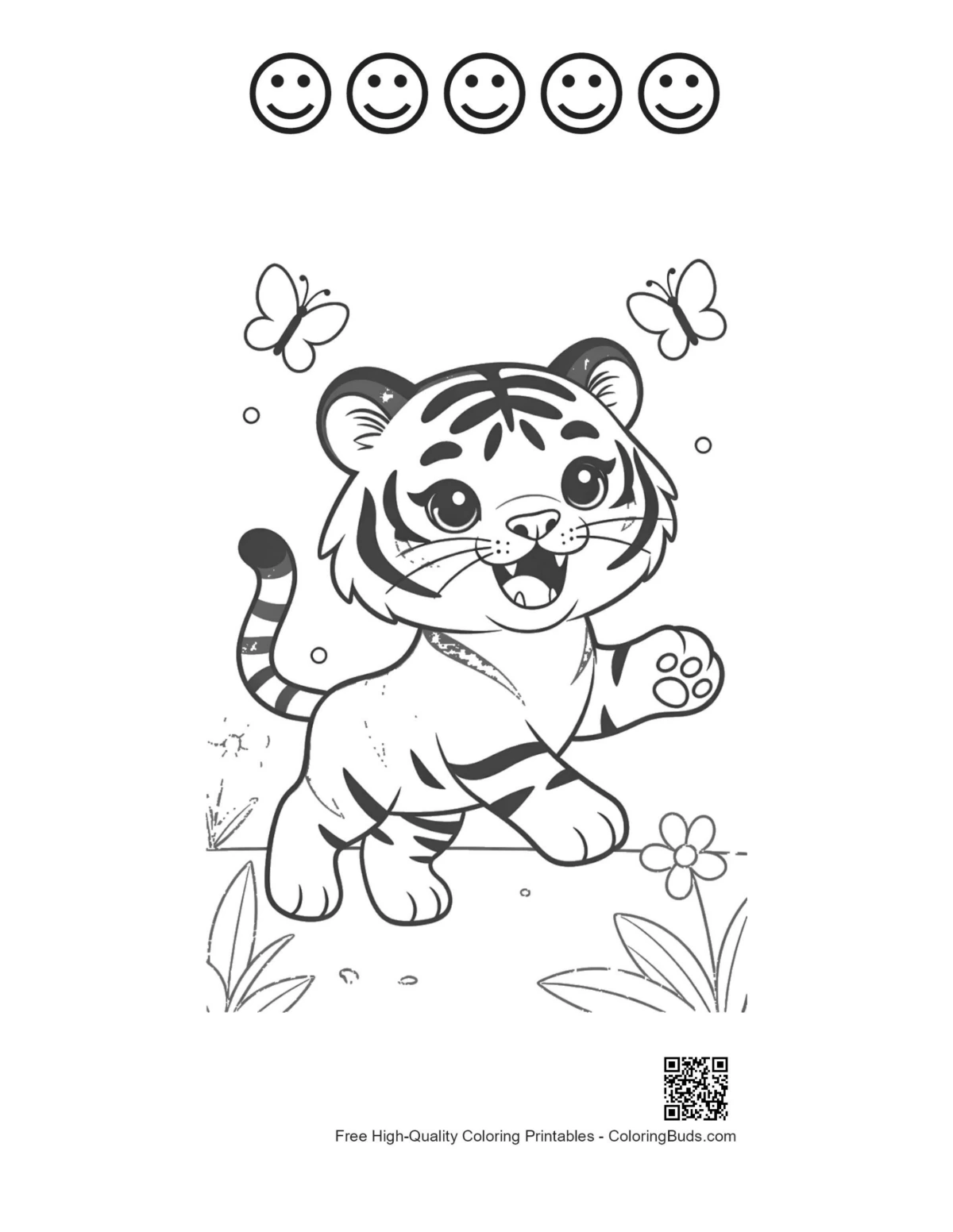 Baby tiger with 5 happy faces outline printable