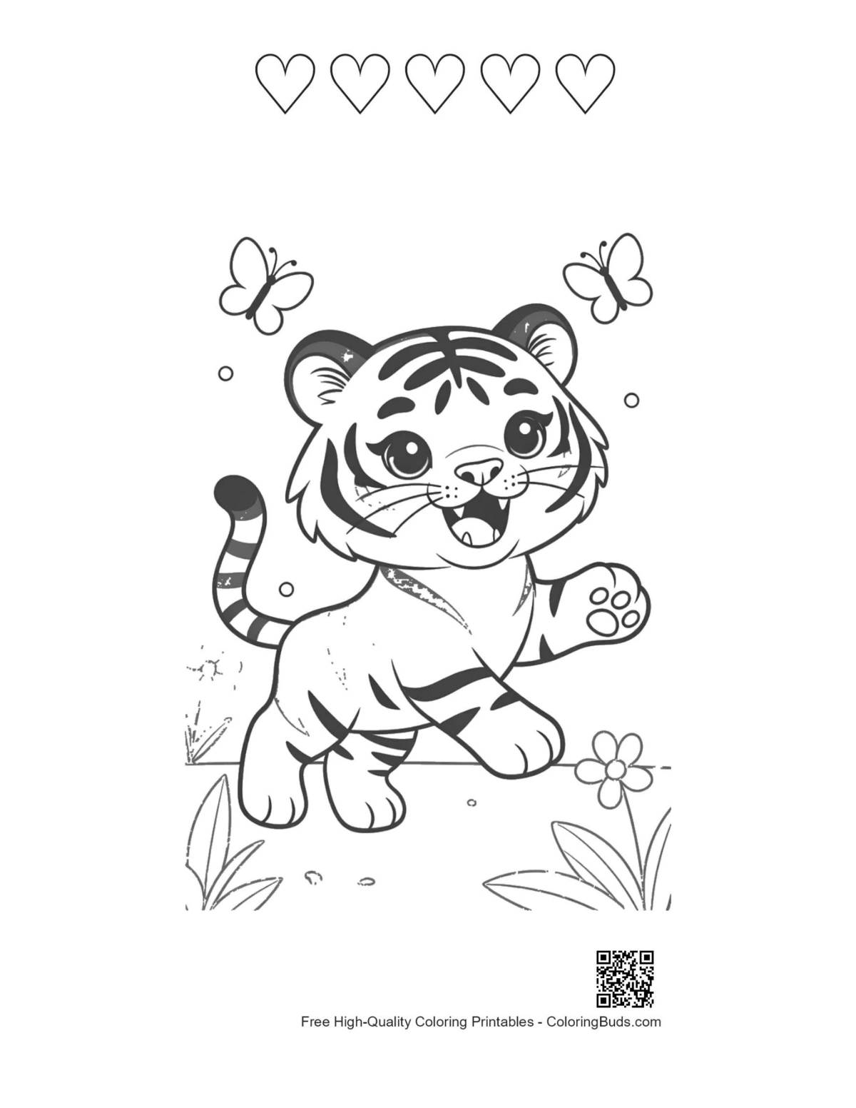 Baby tiger butterfly 5 heart outline printable