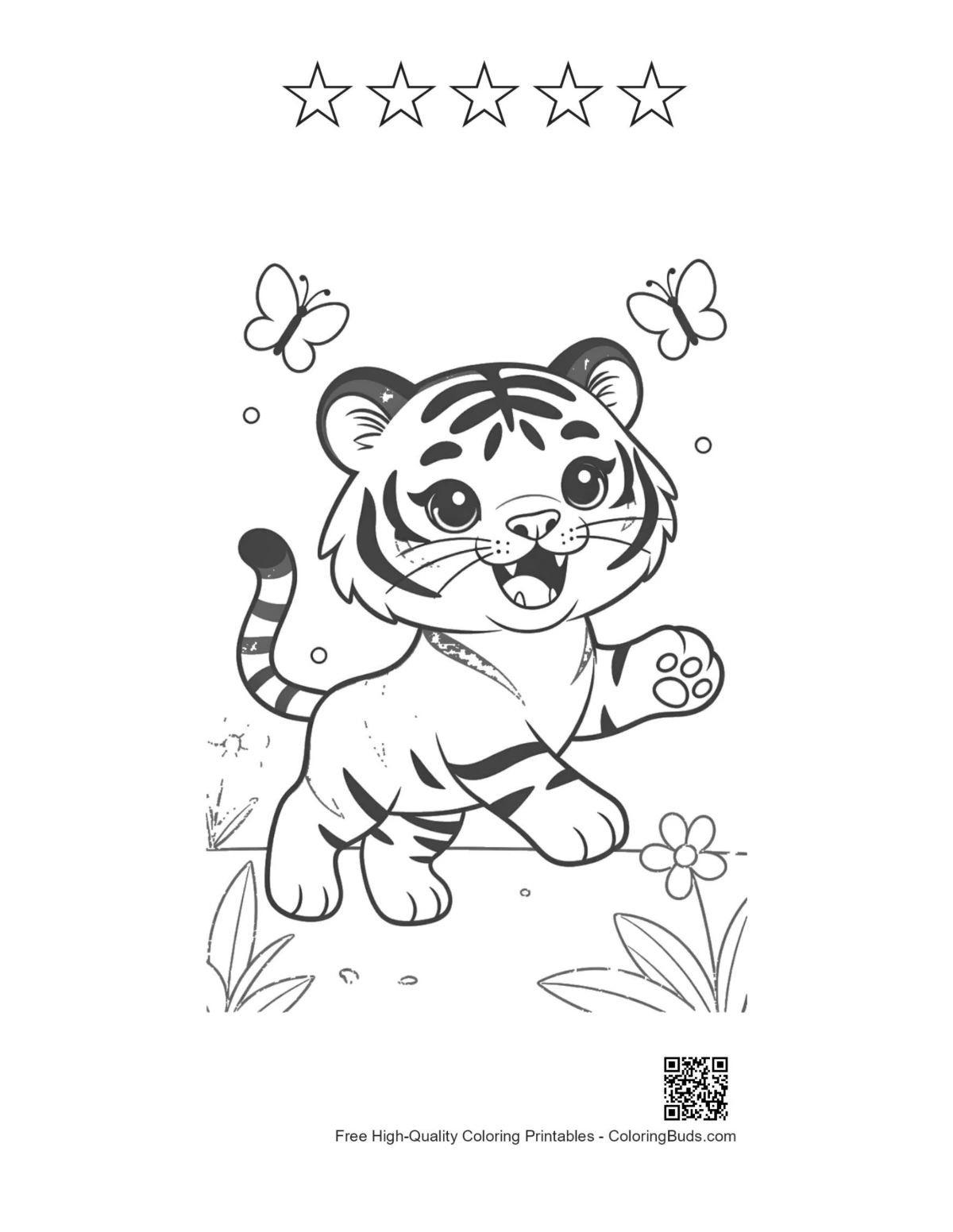 Baby tiger butterfly with 5 star outline printable