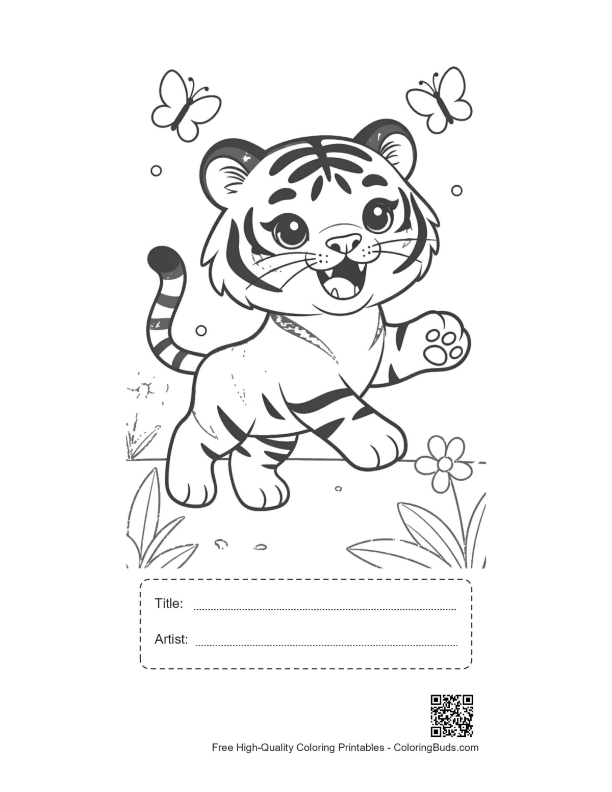 Baby tiger chasing butterfly printable with title box
