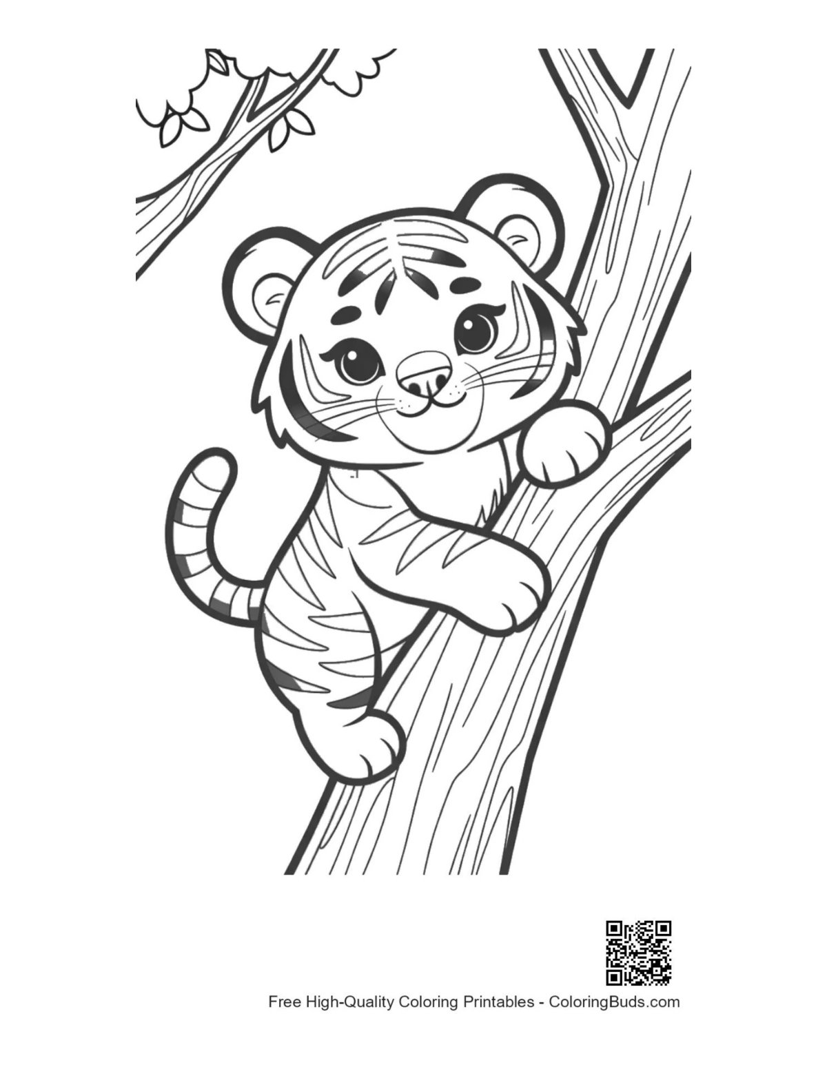 Curious Siberian tiger cub climbing tall forest tree printable