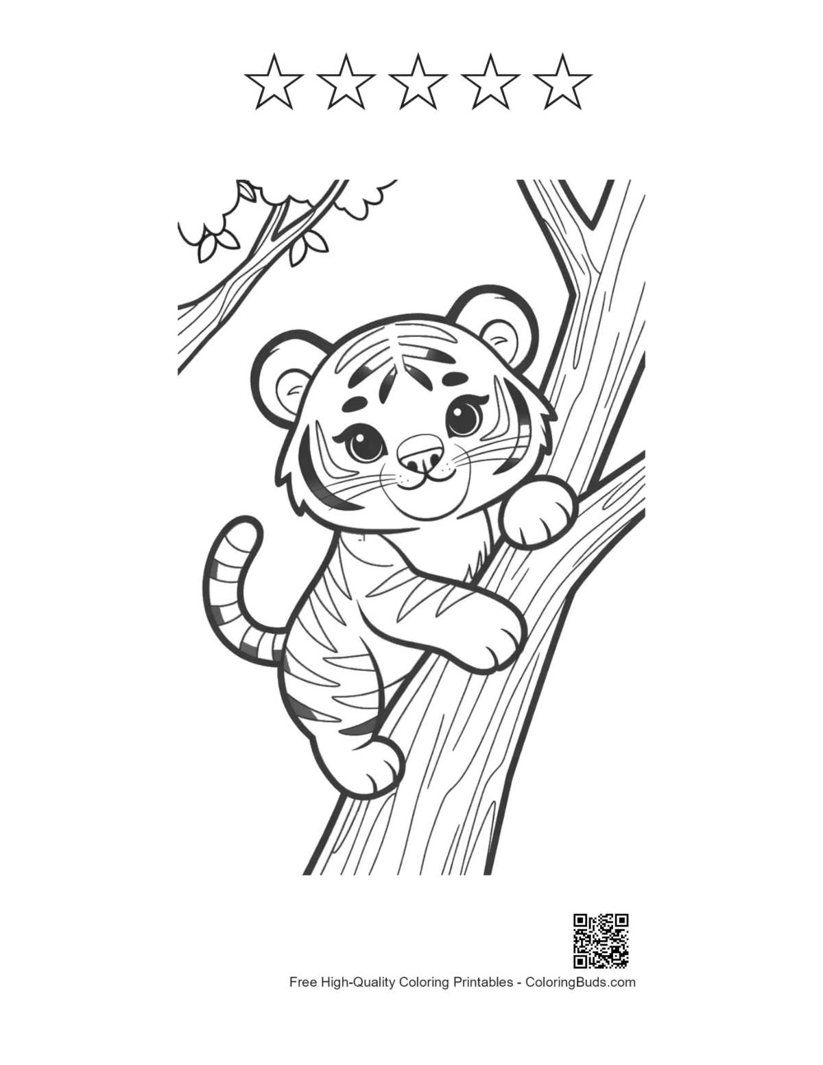 Tiger cub climbing tree with 5-star outline printable