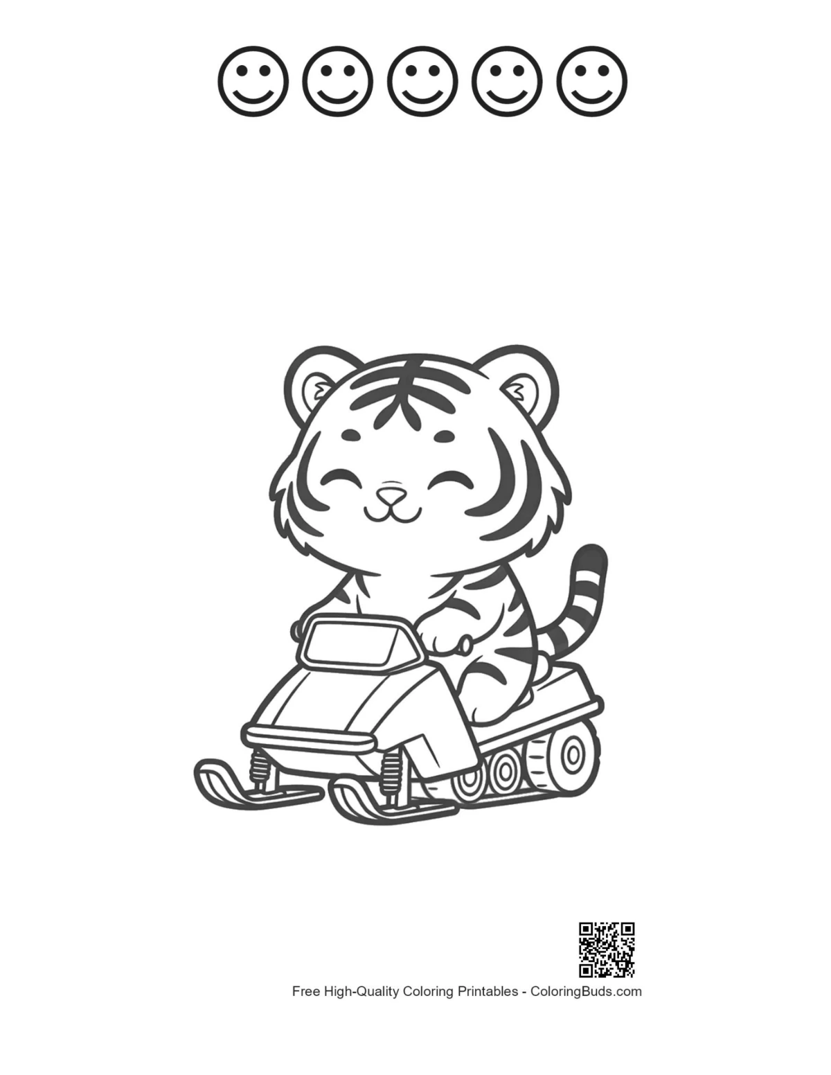 Adorable tigre motonieve con 5 caritas felices imprimible