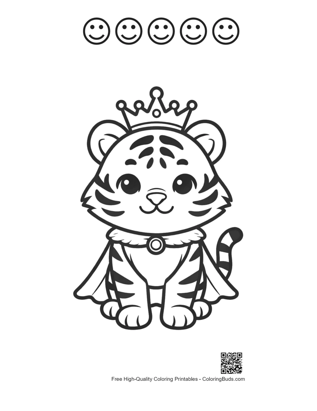 Tiger cub king with 5 happy faces outline winter printable